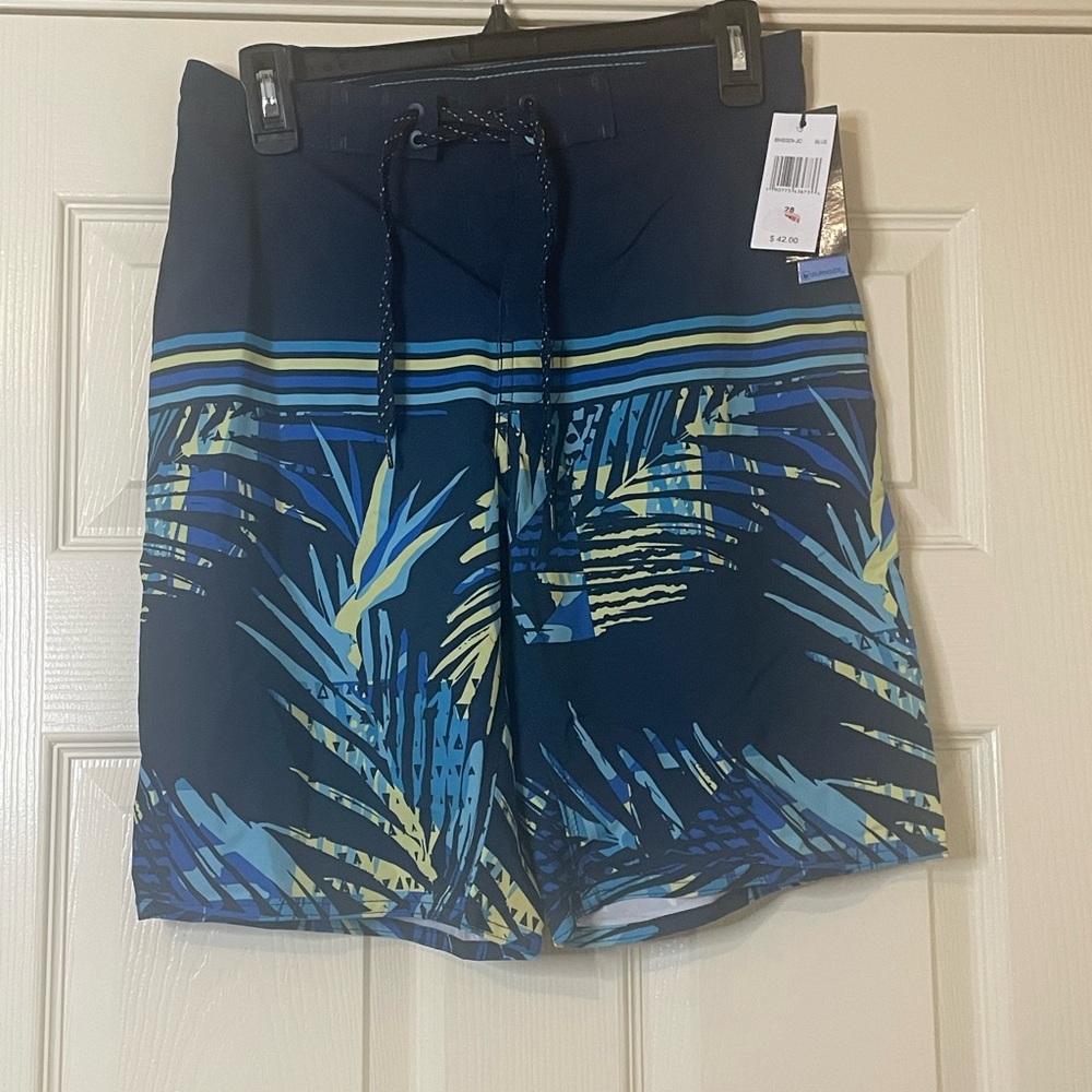 Burnside Men's Blue Palm Print Swim Shorts Size: 28